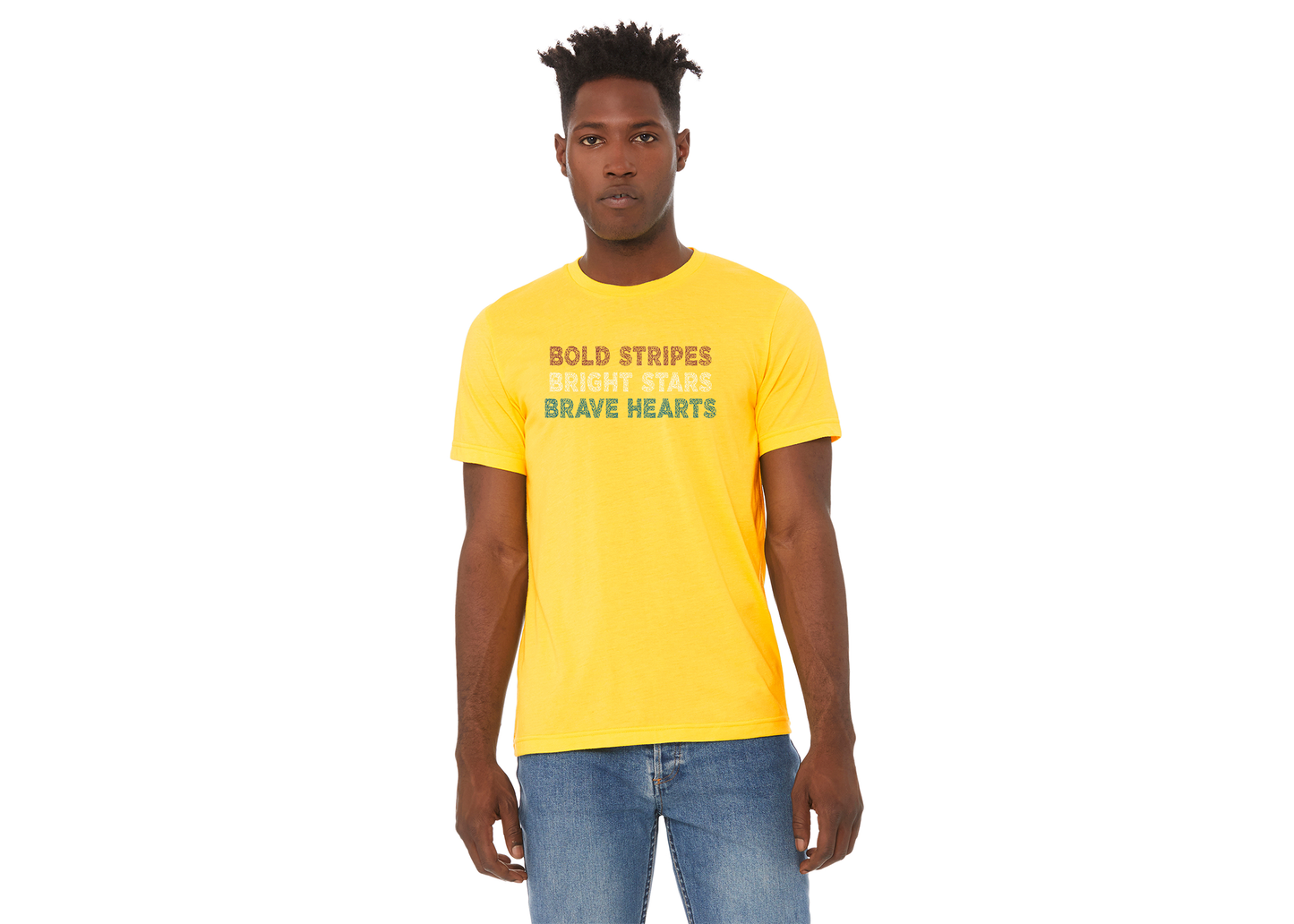 "close up image, Bold Stripes, Brave Stars, Brave Hearts T-Shirt"
