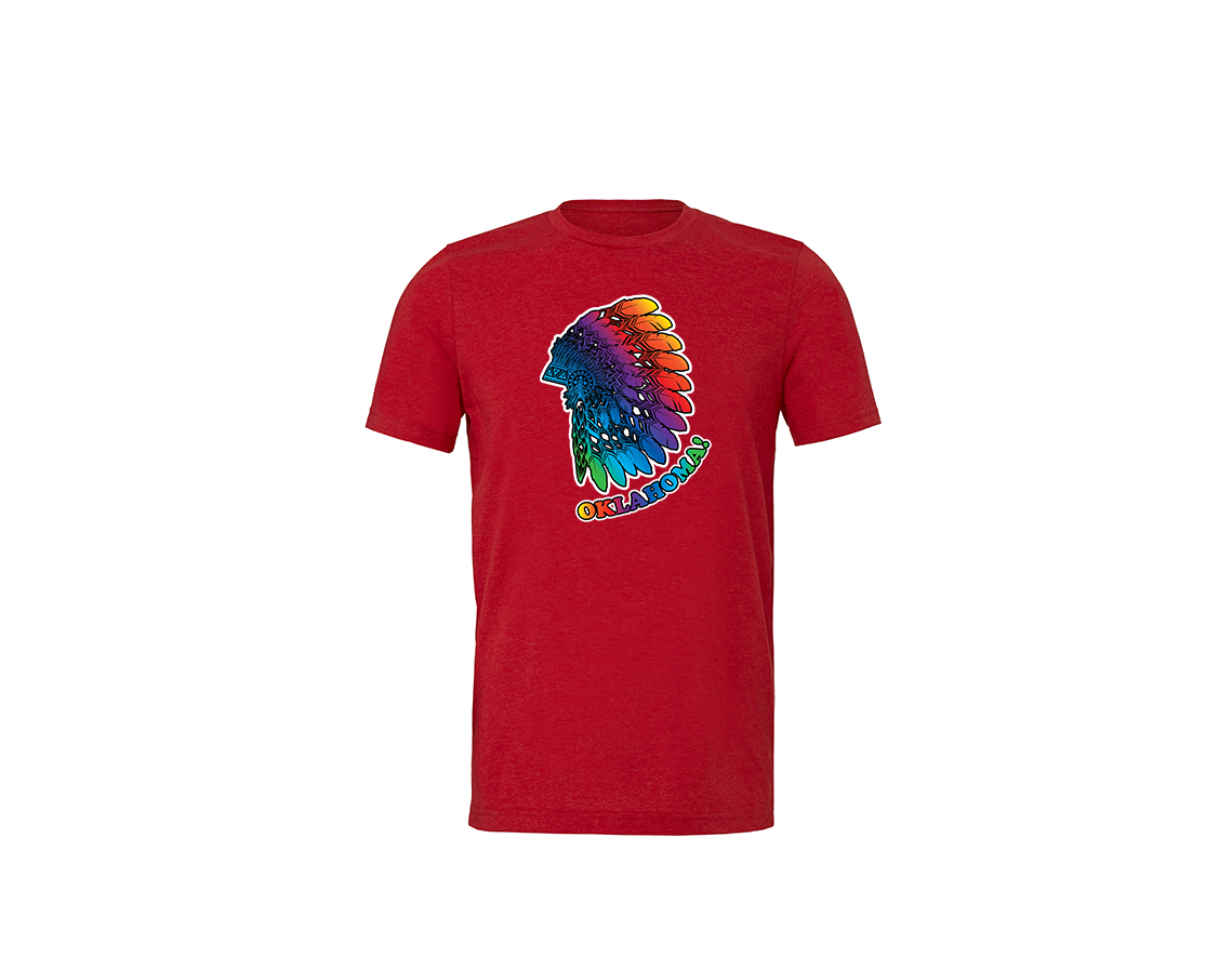 "close up image, Oklahoma Headdress Multi-Colored Short Sleeve T-Shirt"