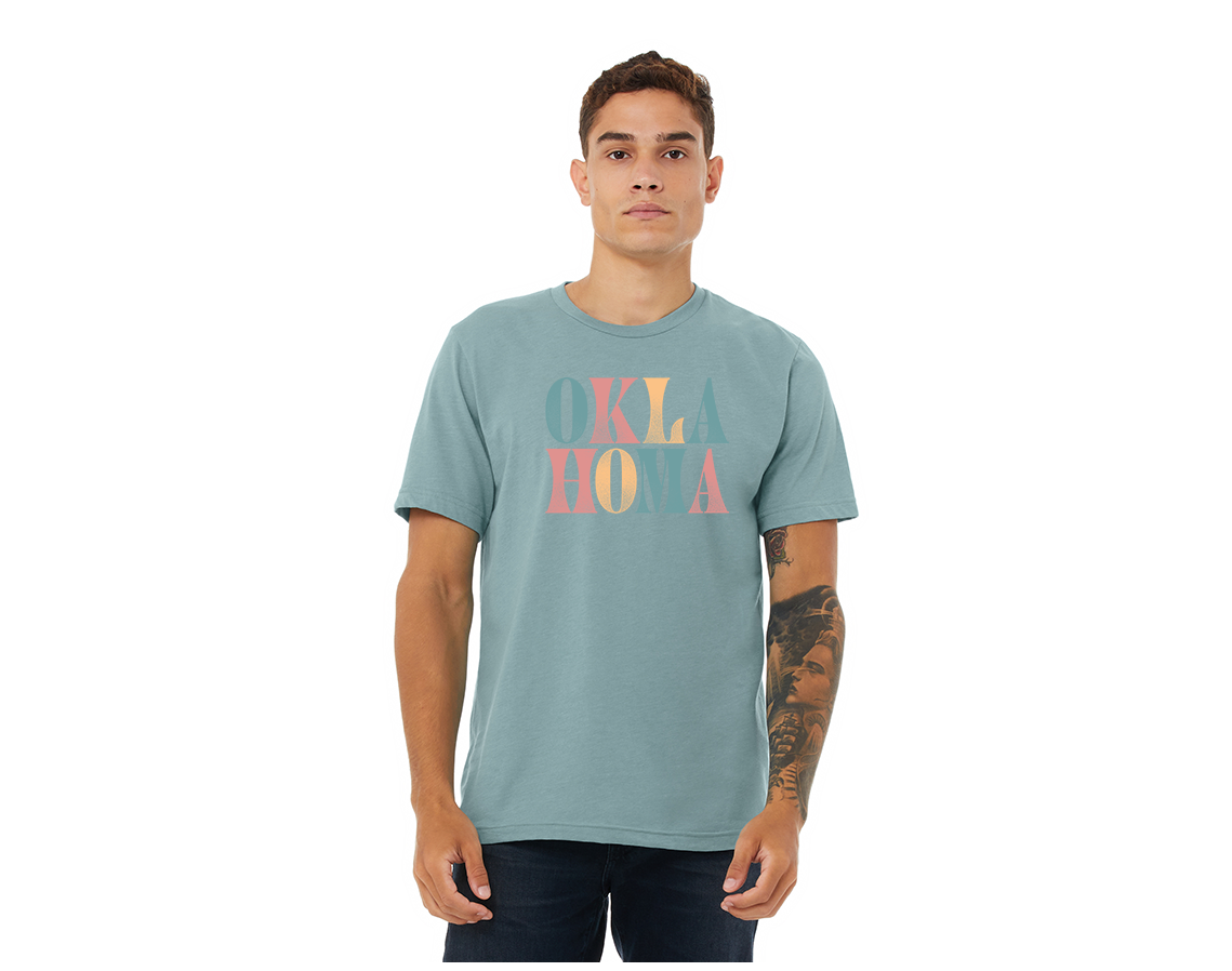 "close up image, O-K-L-A-H-O-M-A Multi Color Short Sleeve T-Shirt"