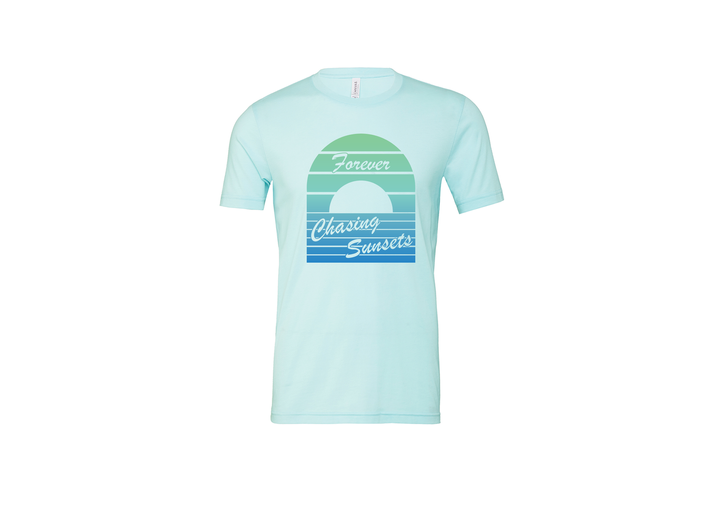 "close up image, Forever Chasing Sunsets Blue T-Shirt"