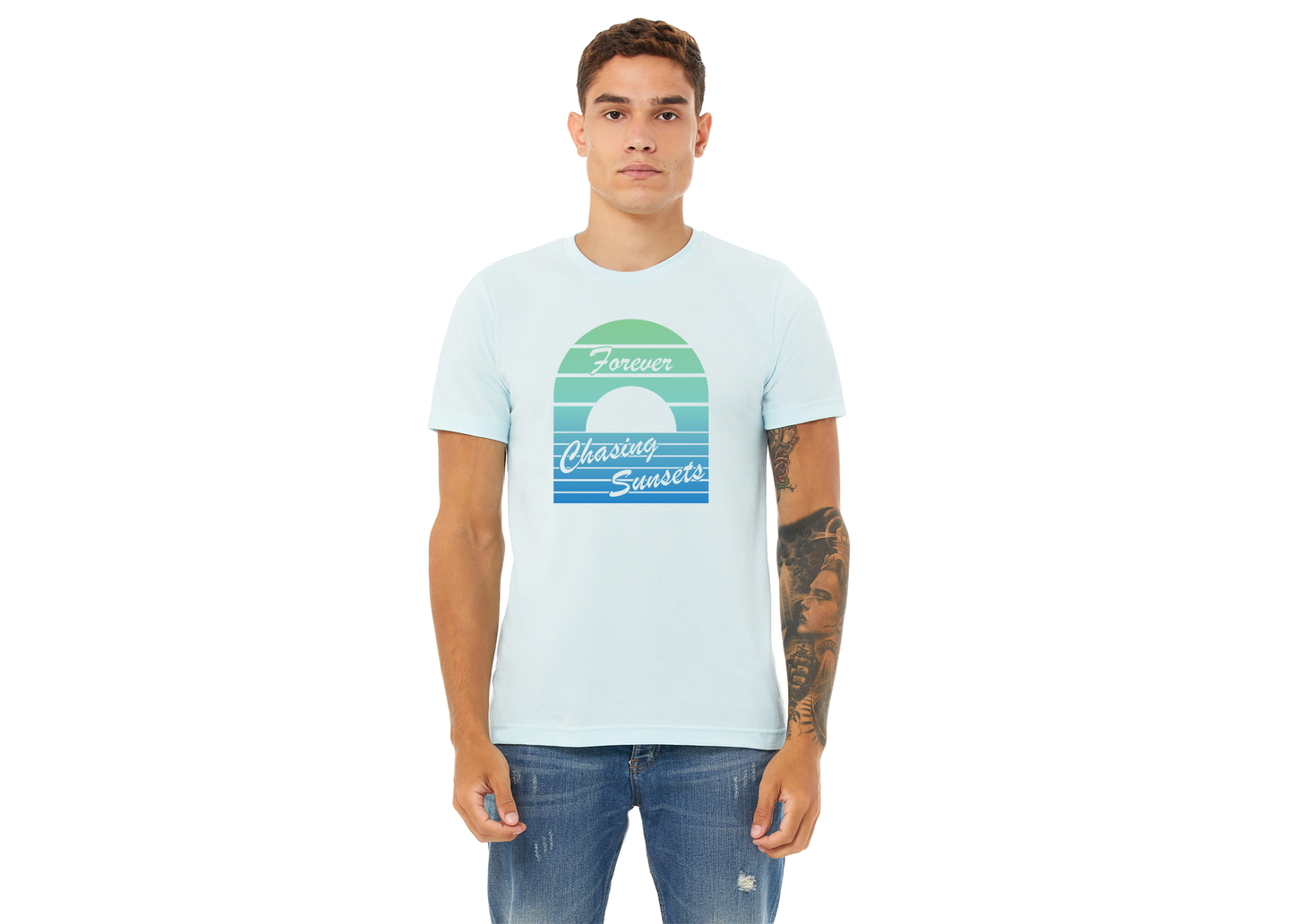 "close up image, Forever Chasing Sunsets Blue T-Shirt"