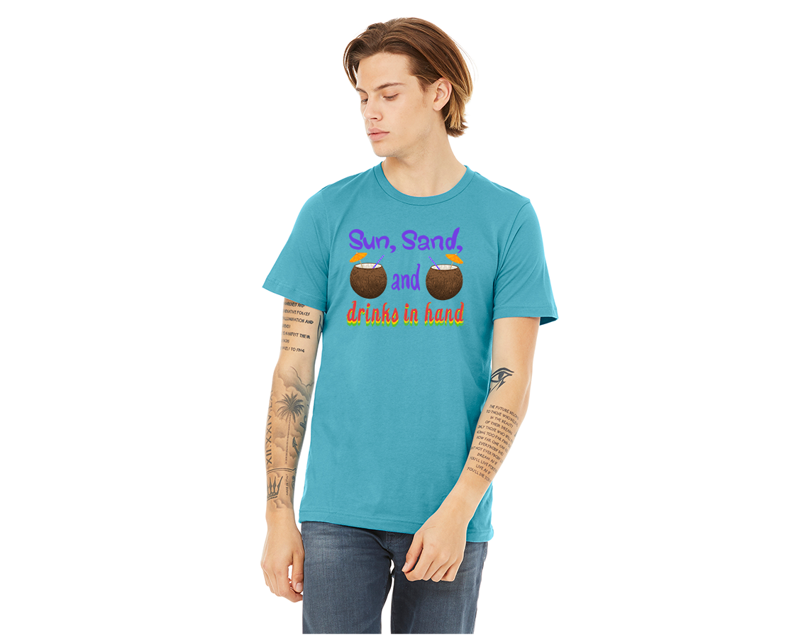 "close up image, Sun Sand and Drinks In Hand T-Shirt"