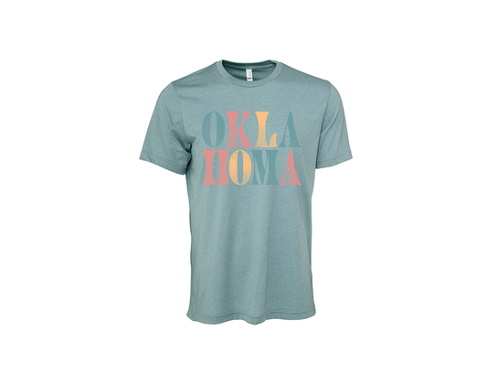 "close up image, O-K-L-A-H-O-M-A Multi Color Short Sleeve T-Shirt"